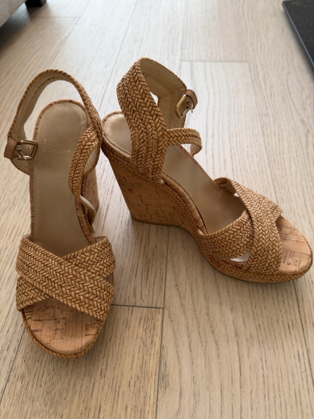 Stuart Weitzman Tan Braided Cork Wedge Sandals